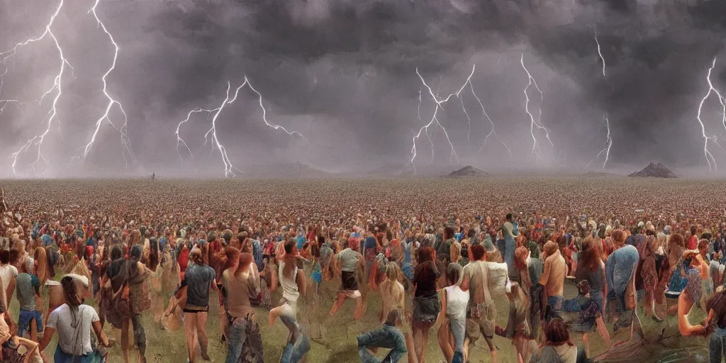 Image similar to cinematic view of coachella with crowds centered around statue of mark zuckerberg, severe weather storms, ultra realistic, realism, intricate, digital art, ambient, by beksinski, by jamie hewlett, industrial art style, 3 5 mm film grain, artstation