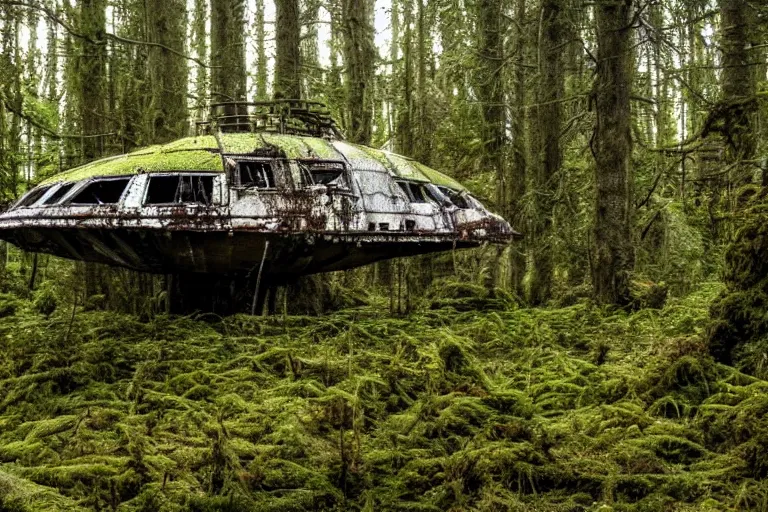 Image similar to derelict spaceship in a Forrest, hyper detailed, overgrown with moss, rusty metal, wildlife, daytime