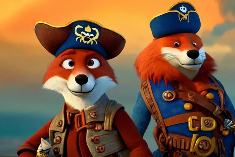 Prompt: promotional image of a fox as a pirate captain in the new pixar movie, very detailed face, movie still frame, promotional image, imax 70 mm footage