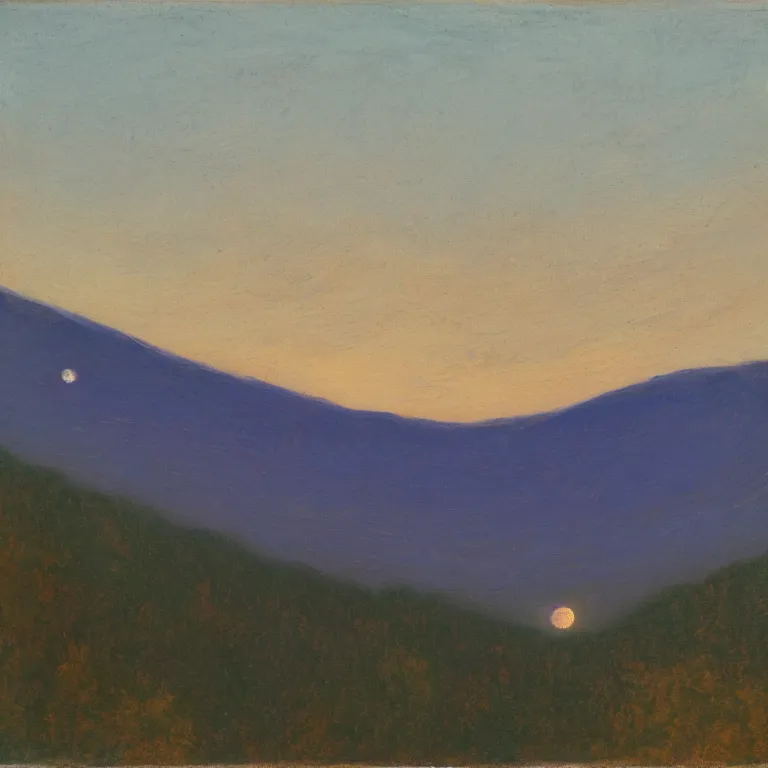 Image similar to new hampshire mountains, pale supermoon, clear sky, twilight, abbott handerson thayer, glaze oil painting, blue palette