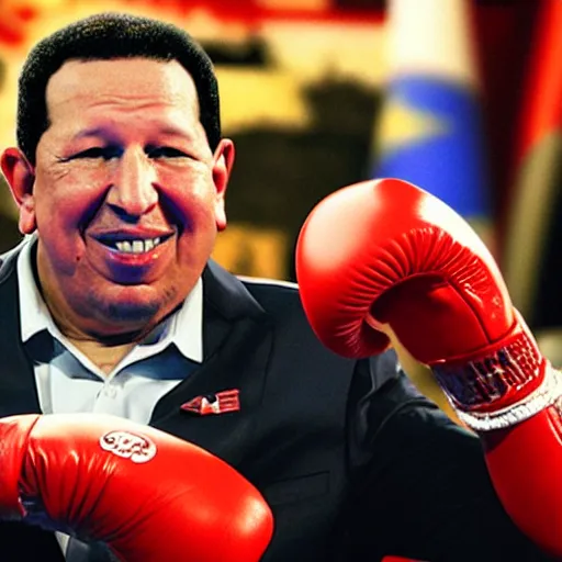 Image similar to A still of Hugo Chávez in a boxing match against Nicolas Maduro, 4k, highly detailed, photograph, photoreal, award winning, promo shoot