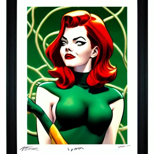 Image similar to phil noto, artgerm, 1 9 5 0 s rockabilly emma stone poison ivy dc comics, pompadour, long hair, vines, symmetrical eyes, city rooftop