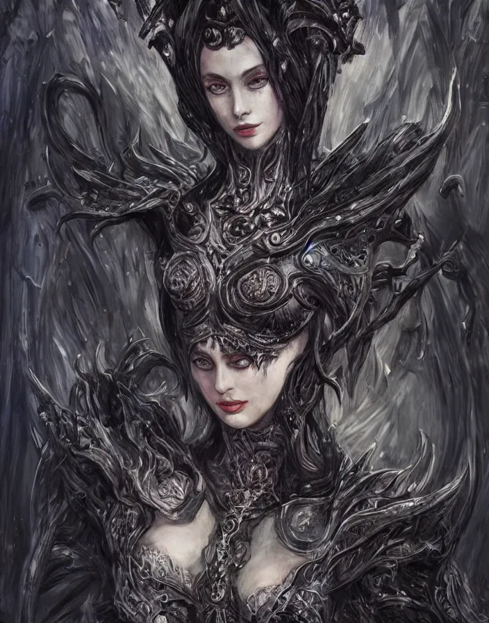 Prompt: an concept art of the dark chaos queen, attractive hair, intricate details, detailed face, detailed clothes, artstation, epic pose, epic background, ambient light, by max ernst and renoir
