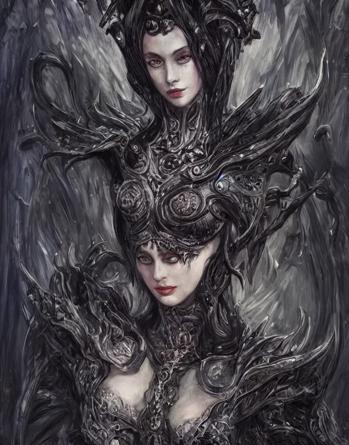 Image similar to an concept art of the dark chaos queen, attractive hair, intricate details, detailed face, detailed clothes, artstation, epic pose, epic background, ambient light, by max ernst and renoir