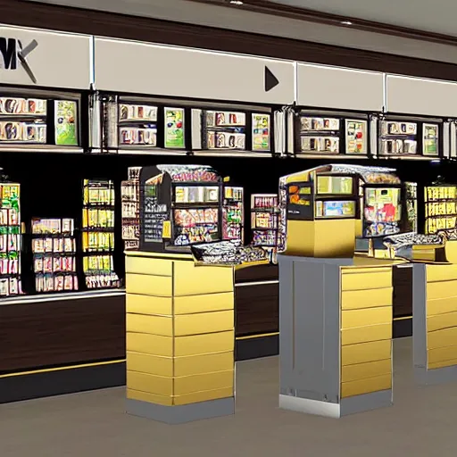 Prompt: maximalist gold convenience store robo - cashier