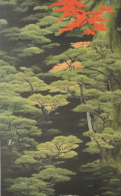 Prompt: japanese inspired poster, beautiful japanese architecture and nature, oil on canvas, japanese art beautiful aesthetic