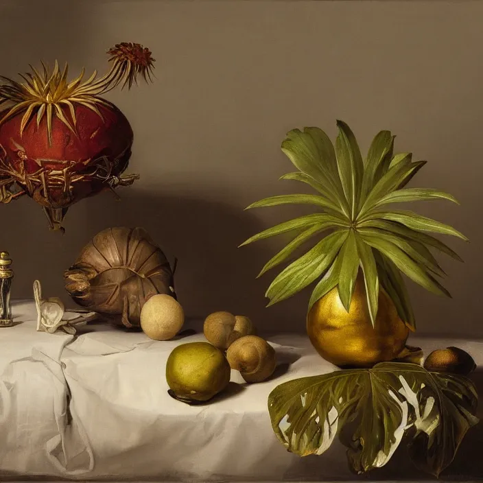 Image similar to still life painting of exotic alien plants by pieter claesz, oil on canvas, strong lighting, highly detailed, hyper realism, golden hour, god rays, hd, 4 k