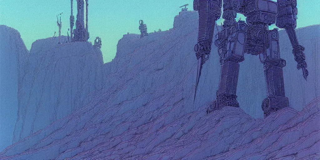 Image similar to grainy risograph matte painting of gigantic huge mech with huge swords, pastel matte colors, staying in the toxic blue canyon, by moebius, hyperrealism, intricate detailed