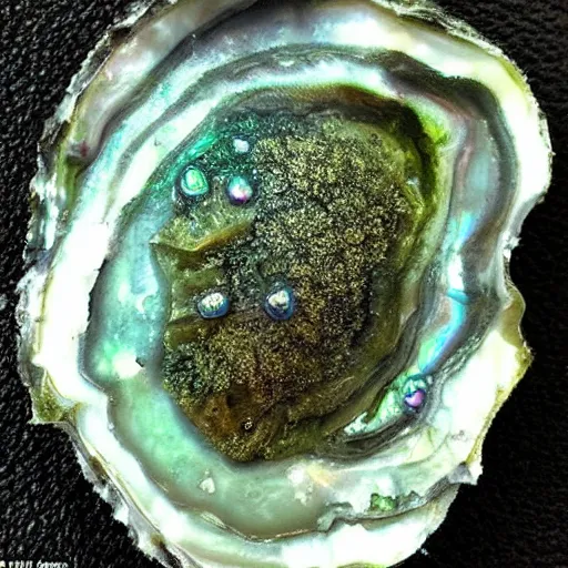Image similar to a beautiful rendering of a dirty old corroded oyster with algae and barnacles growing on it, a glowing pure perfect iridescent pearl on the inside