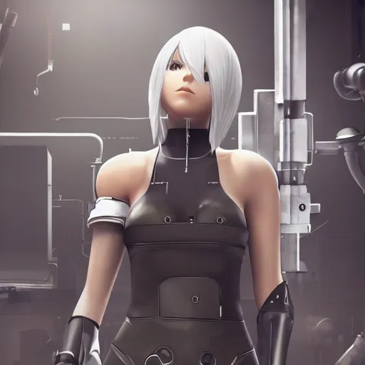 Prompt: a2 from nier automata in a robotic lab, wires connected to her, ultra realistic 4k quality, trending on artstation
