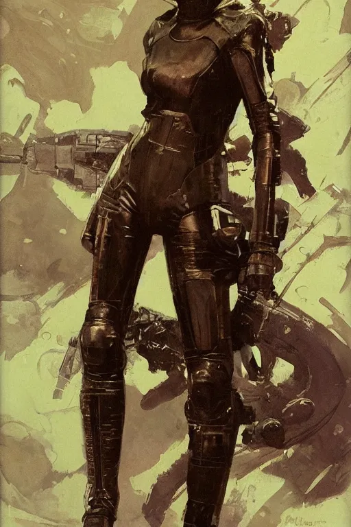 Prompt: pulp scifi fantasy illustration full body portrait of elegant woman wearing leather spacesuit, by norman rockwell, jack kirby, bergey, craig mullins, ruan jia, jeremy mann, tom lovell, 5 0 s, astounding stories, fantasy
