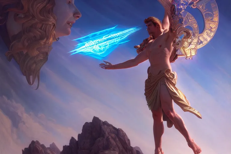 Prompt: a Greek god launching magical rays to evil humans, highly detailed, digital painting, cinematic, hyper realism, dark retrowave, art by Stanley Lau and Artgerm and magali villeneuve and Alphonse Mucha, artstation, octane render, cgsociety