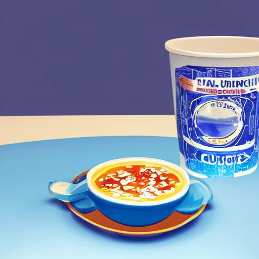 Image similar to cup of yogurt on table foreground, intricate detail, 8k optane render, background has a blue sky, optimistic colors, background by Robert McCall, solarpunk