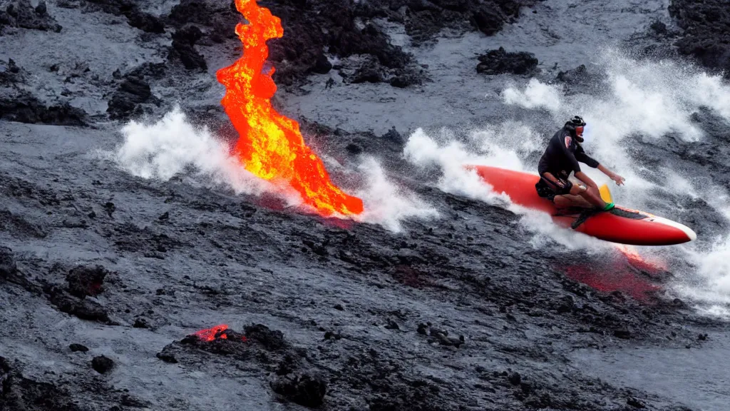 Image similar to person wearing a sponsored team jersey with logos surfing down a river of lava on the side of a volcano on surfboard, action shot, dystopian, thick black smoke and fire, sharp focus