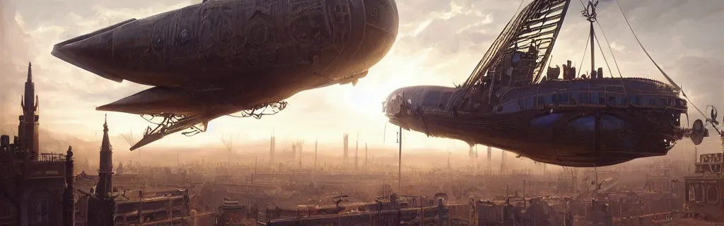 Image similar to a steampunk airship flying over a victorian city. 8 k, epic cinematic hyperrealism masterpiece. realistic poster with shaded lighting by craig mallismo, artgerm, jeremy lipkin and michael garmash, unreal engine, radiant light, detailed and complex environment, digital art, art station trends, detailed, lens flare, motion blur