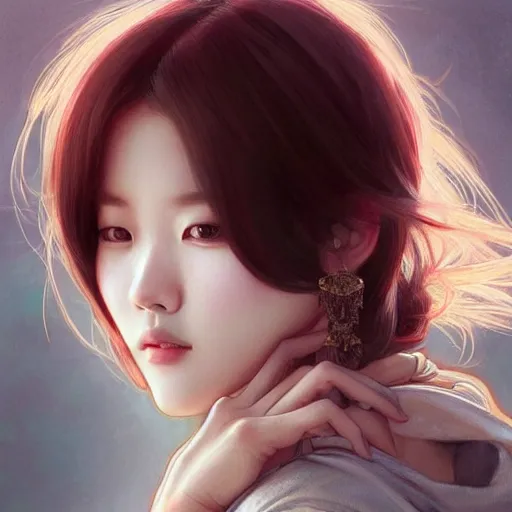 Image similar to portrait of kpop idol, dreamy and ethereal, casual clothes, fierce expression, intricate, rose tones, highly detailed, digital painting, artstation, concept art, smooth, sharp focus, illustration, art by artgerm and greg rutkowski and alphonse mucha