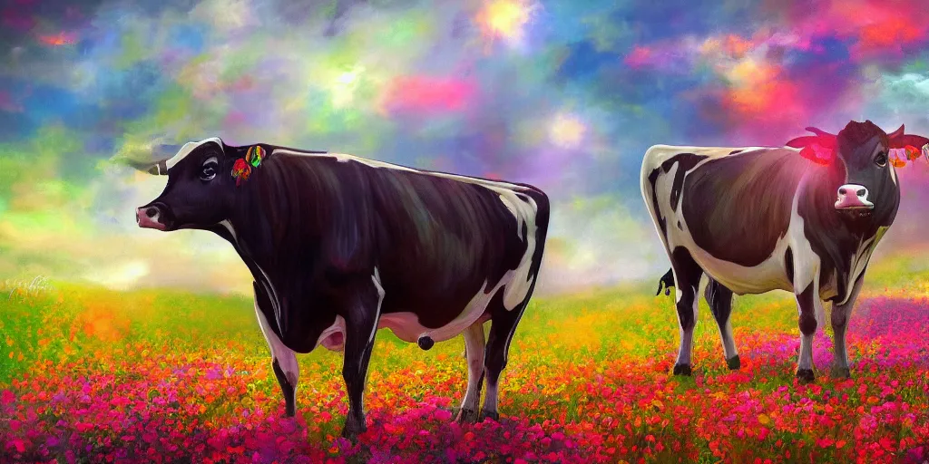 Image similar to fantasy artwork of a cow in a field of glowing flowers