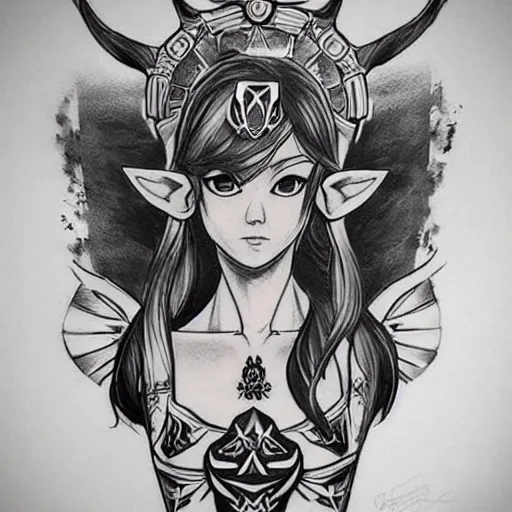 Image similar to tattoo design, stencil, portrait of princess zelda by artgerm, symmetrical face, beautiful