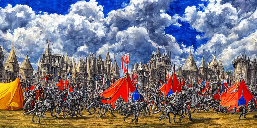 Image similar to h. r. giger style painting of medieval knights jousting, grand castle tournament grounds, colorful knight tents setup with unique sigils and banners, beautiful partly cloudy day