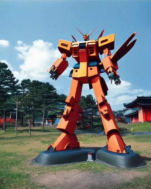 Image similar to a lomographic photo of old gigantic gundam mecha, standing tall above a typical japanese yard in small town, hikone on background, cinestill, bokeh