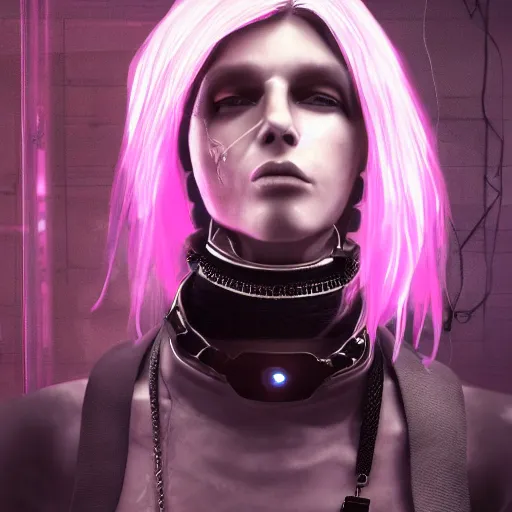 Image similar to detailed realistic cyberpunk female character cyberpunk wearing large steel collar around neck, realistic, art, beautiful, 4K, collar, choker, collar around neck, punk, artstation, detailed, female, woman, choker, cyberpunk, neon, punk, collar, choker, collar around neck, thick collar, choker around neck, wearing choker, wearing collar, bright neon punk hair, collar, choker,