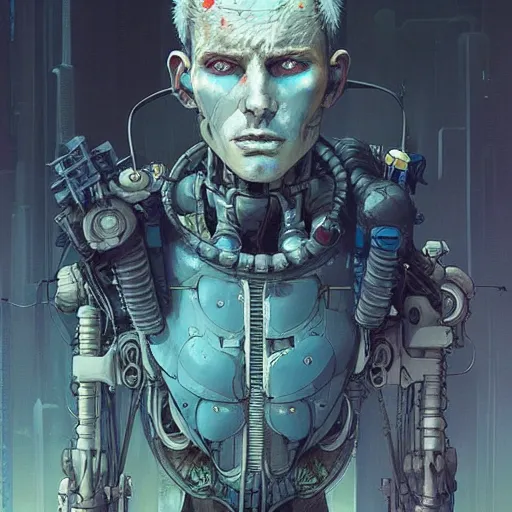 Image similar to apocalyptic cyberpunk man portrait by gaston bussierre and charles vess and james jean and erik jones and rhads, inspired by ghost in the shell, beautiful fine face features, intricate high details, sharp, ultradetailed