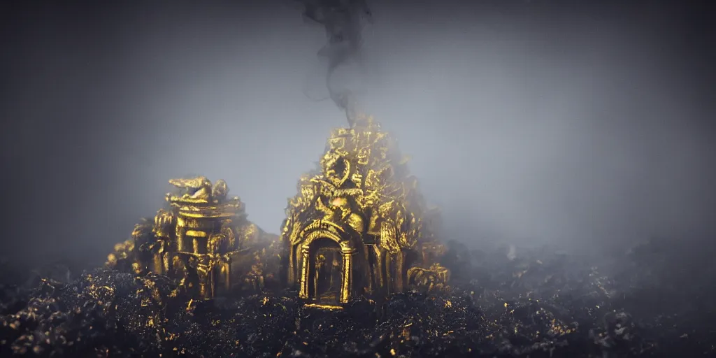 Prompt: Photo of dark temple, golden treasure, high detail, smoke, sharp, fog