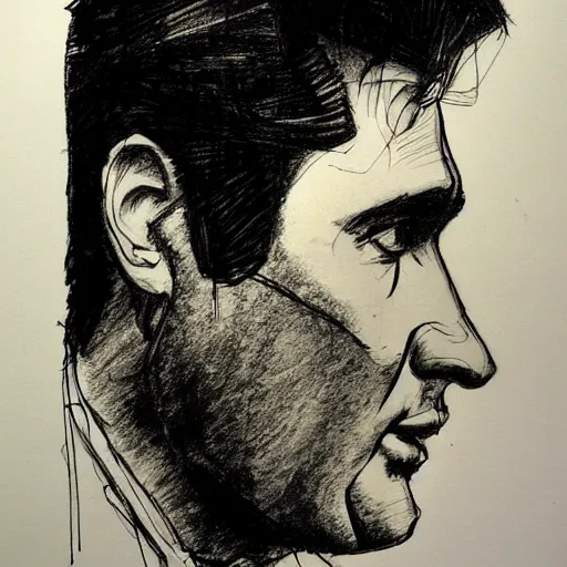 Image similar to a realistic yet scraggly portrait sketch of the side profile of a stern and sophisticated elvis presley, trending on artstation, intricate details, in the style of frank auerbach, in the style of sergio aragones, in the style of martin ansin, in the style of david aja, in the style of mattias adolfsson