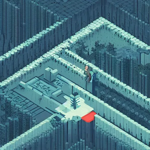 Image similar to “in the style of Laurie Greasley an isometric highly detailed aerial view of a young explorer making his way through an enchanted forest towards a levitating futuristic statue where an ancient being waits for him, retro futuristic, voxel art, 8k resolution”