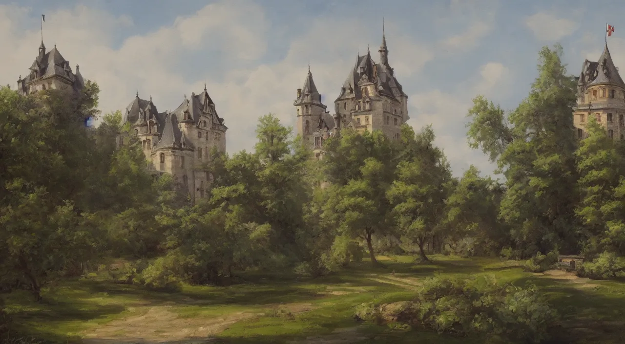 Image similar to a landscape painting of a French castle, with a garden, trending on artstation