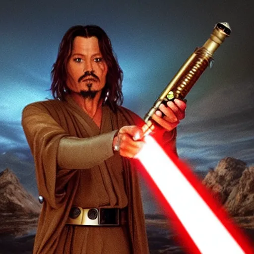 Prompt: Jedi Master (Johnny Depp) wielding a golden lightsaber 8k hdr