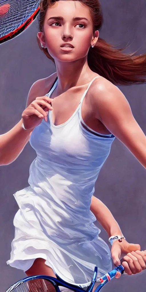 Image similar to a beautiful young elegant girl playing tennis, with a close-up of the upper body in the style of stefan kostic, realistic, sharp focus, 8k high definition, insanely detailed, intricate, elegant, art by stanley lau and artgerm