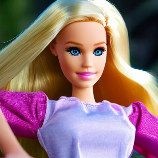 Image similar to barbie in real life live action remake, 4 k, film still, live action, realistic, human, actress
