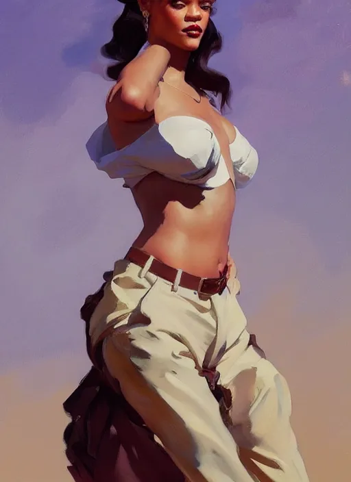 Image similar to portrait of rihanna instagram model jodhpurs greg manchess painting by sargent and leyendecker, studio ghibli, fantasy, medium shot, asymmetrical, intricate, elegant, matte painting, illustration, hearthstone, by greg rutkowski, by greg tocchini, by james gilleard, by joe fenton