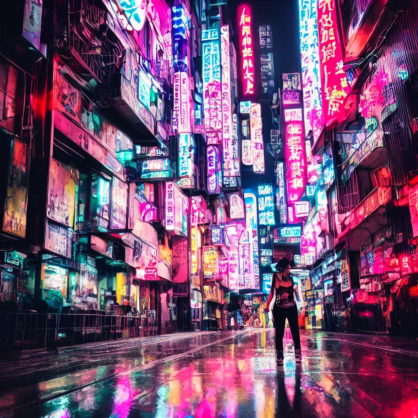 Image similar to photograph of punk girl skateboarding in the city, chinese neon signs, cyberpunk buildings, wet roads at night reflecting the lights from buildings, studio lighting, cloudy night sky, bright neon colors, 4 k, fisheye