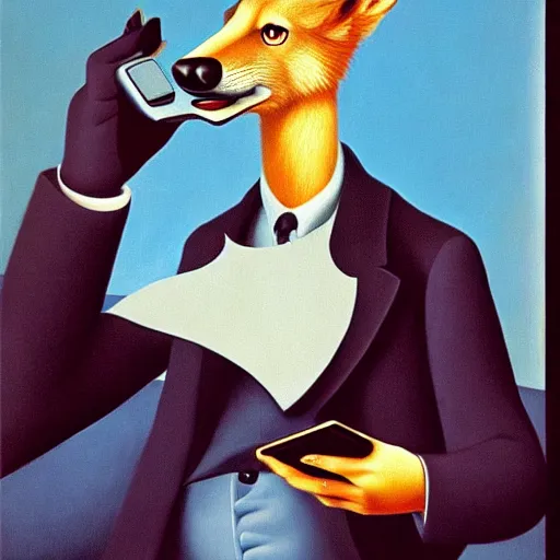 Prompt: an anthropomorphic male wolf fursona checking his smartphone, surrealism, by salvador dali and rene magritte, oil on canvas, soft lighting