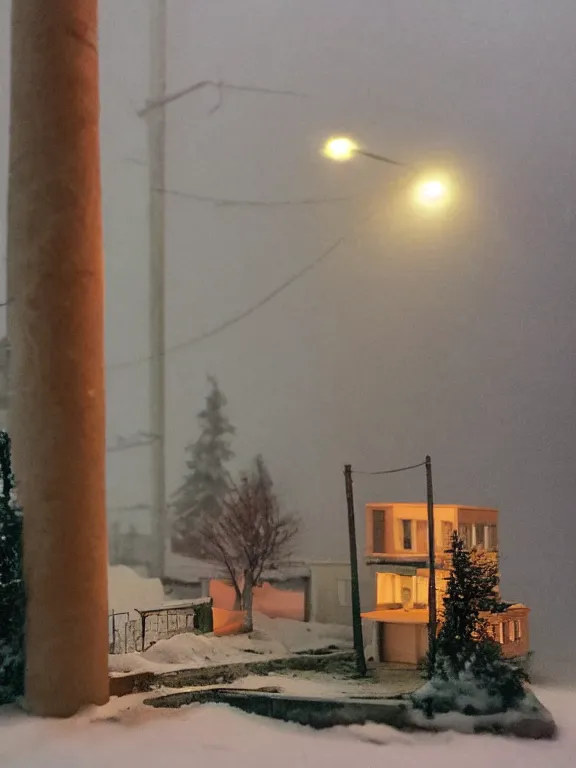 Image similar to small diorama a soviet residential building in soviet suburb, 9 0 s, lights are on in the windows, dark night, post - soviet yard, cozy and peaceful atmosphere, fog, cold winter, snowing, streetlamps with orange volumetric light, several birches nearby, two man fighting for bottle of vodka