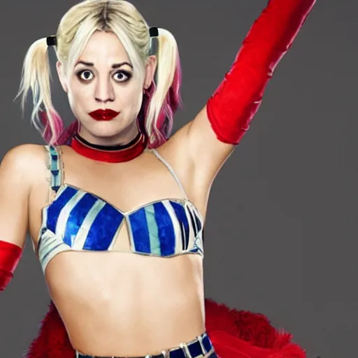 Prompt: A still of Kaley Cuoco portraying Harley Quinn