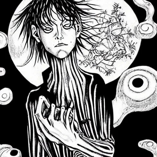 Image similar to the sandman by neil gaiman drawn in junji ito style manga art