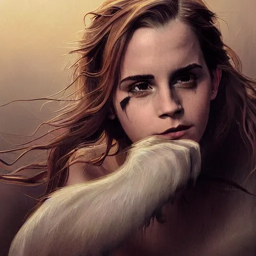 Image similar to Very funny Emma Watson looking like an old monkey, colorful painting on grey scale face, powerful , magic, thunders, dramatic lighting, intricate, wild, highly detailed, digital painting, artstation, concept art, smooth, sharp focus, illustration, art by artgerm and greg rutkowski and alphonse mucha, footage