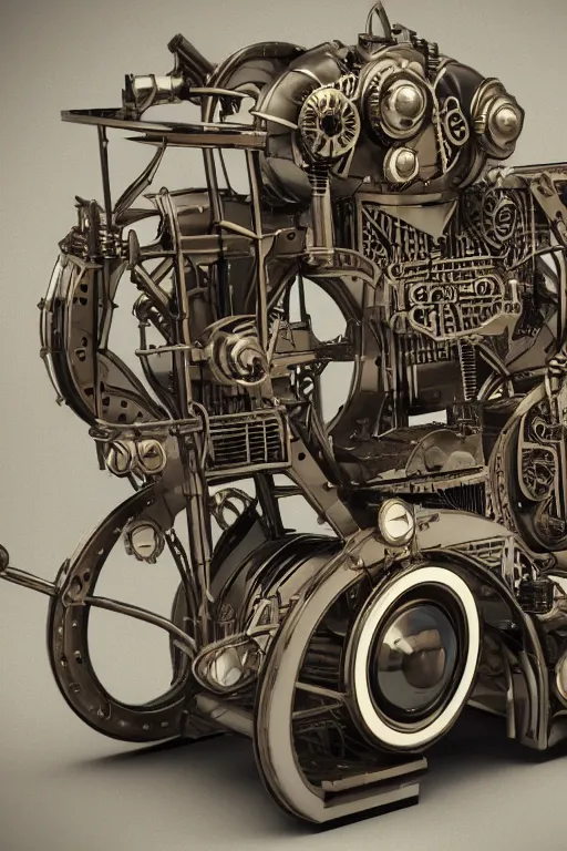 Prompt: octane render, 1 9 4 0's futurist advertising showroom photograph of a techno - magical, dieselpunk, reality shifting device. a gizmo, artifact, or machine. gas powered engine included. intricate detail. clockwork, industrial steampunk.