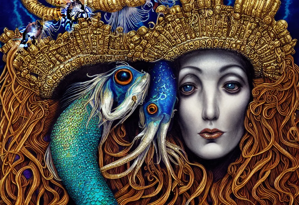 Prompt: isis goddess macro close - up portrait with extremely detailed crown made of ram skull dripping gold + betta fish + jellyfish, in the style of michael cheval, bioluminiscent, plasma, wind, creature