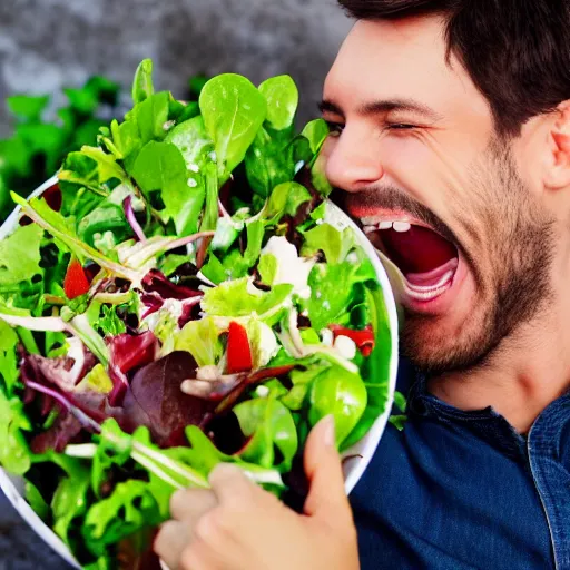 Prompt: a stock photo of a man laughing while eating salad,photorealistoc,4k,detailed face