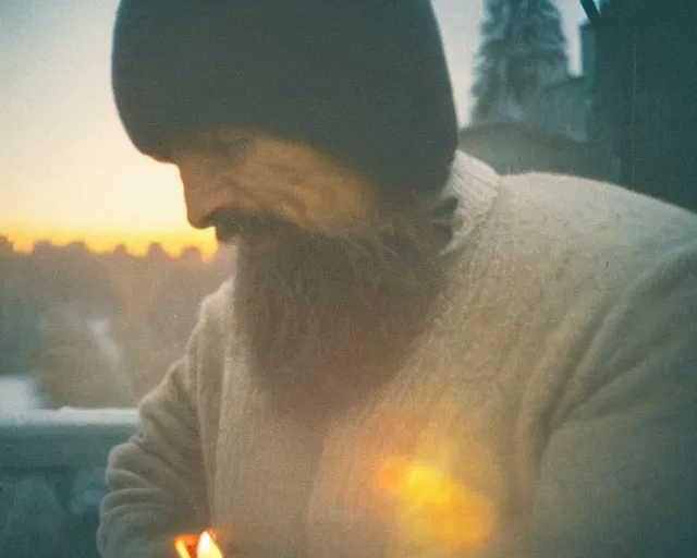 Image similar to lomographic tarkovsky film still of 4 0 years russian man with beard and sweater standing on small hrushevka 9 th floor balcony full with cigarette smoke in winter taiga looking at sunset, cinestill, bokeh