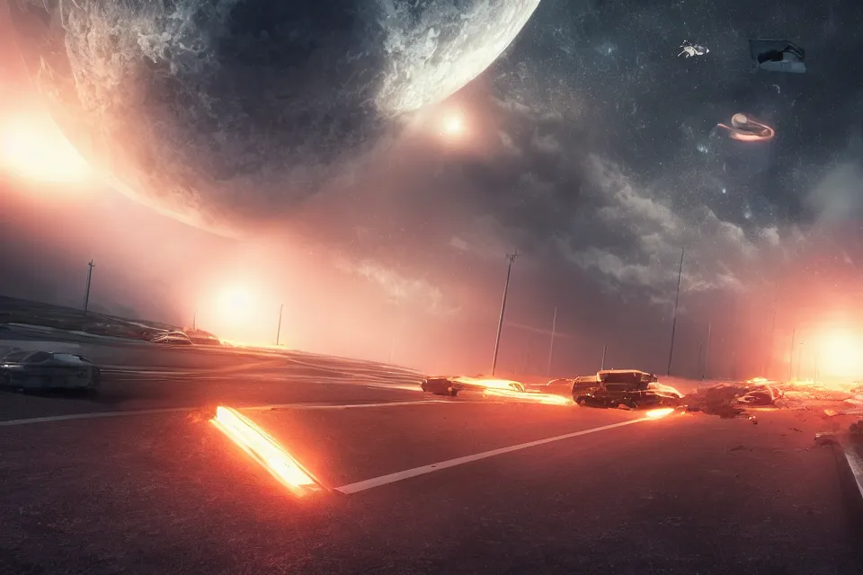 Image similar to road wreckage orbiting earth in space, dark cinematic, volumetric, realistic, 3 d render, realistic render, cinematic lighting, volumetric lighting, atmospheric, cinematic, unreal engine 5, unreal engine render, octane render, hd, photorealism, hyper realistic, 8 k