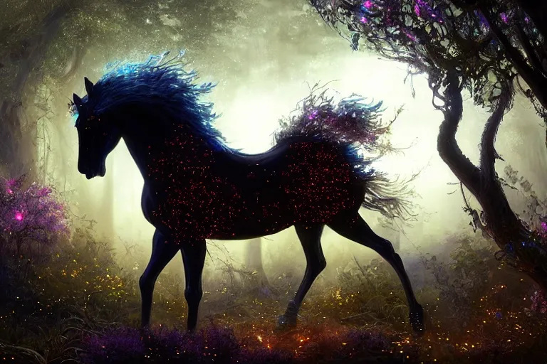 Image similar to a stunning horse completely made of fireflies with a thick mane of bioluminescent vines and flowers running through the woods by greg rutkowski, high key lighting, volumetric light, digital art, highly detailed, fine detail, intricate, ornate, complex, octane render, unreal engine, photorealistic