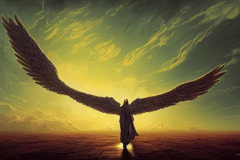 Prompt: Sacred appearance of a winged angel in the middle of a tortured and desolate landscape with a light and calm sky, by Kilian Eng, Kris Kuksi, Johfra Bosschart