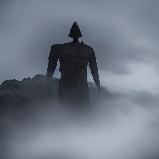 Prompt: dark figure with tattered cloak with skull instead of head on a mountain in gloomy fog, atmospheric lightning