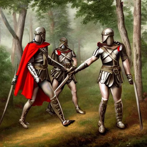 Image similar to soldiers with shields and swords and bows! hiding behind trees! on an elevated hill in a! misty, foggy! forest looking down on a army of gladiators with red capes, walking on a path through the forest below them.! shiny swords, well equiped. painting by eugene de lacroix, 4 k, realistic, anatomically correct, beautiful