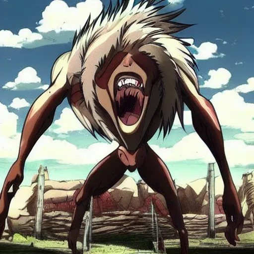 Prompt: “Attack on Titan but the titans are giant bipedial wolves.”